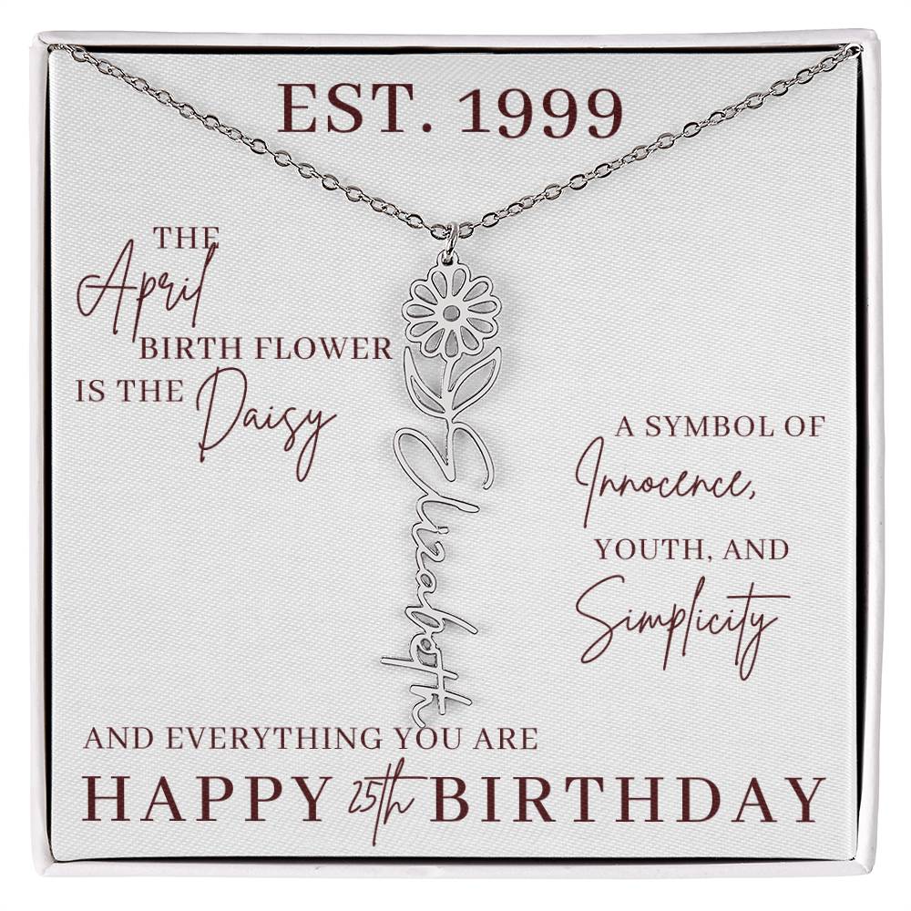 25th Birthday Gift for Her, Birth Flower Necklace with Name, Stainless Steel or 18K Yellow Gold Finish,