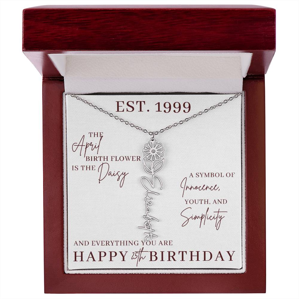 25th Birthday Gift for Her, Birth Flower Necklace with Name, Stainless Steel or 18K Yellow Gold Finish,