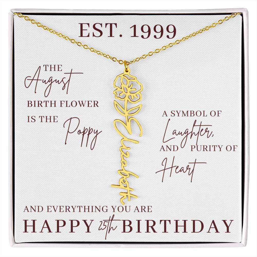 25th Birthday Gift for Her, Birth Flower Necklace with Name, Stainless Steel or 18K Yellow Gold Finish,