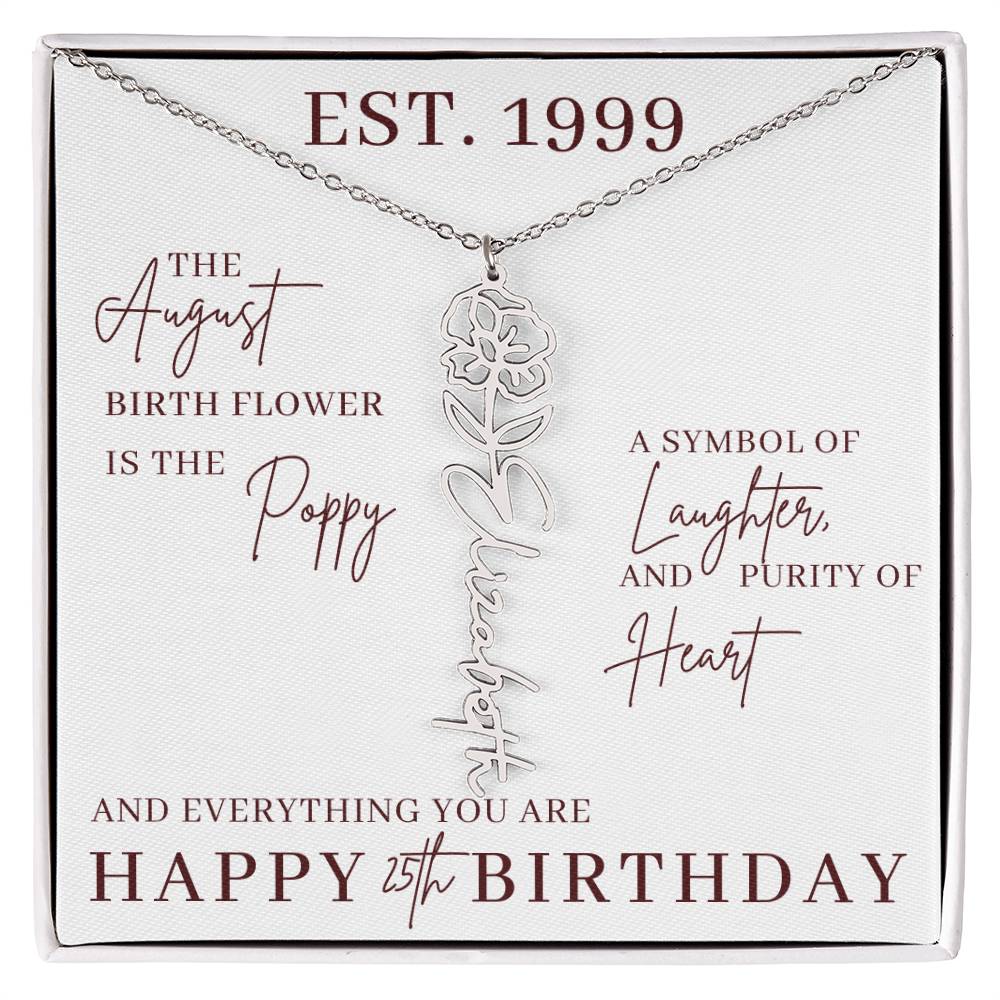 25th Birthday Gift for Her, Birth Flower Necklace with Name, Stainless Steel or 18K Yellow Gold Finish,