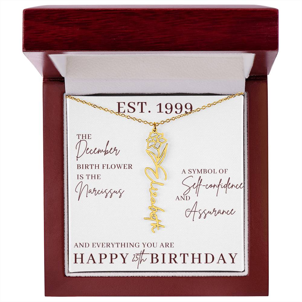 25th Birthday Gift for Her, Birth Flower Necklace with Name, Stainless Steel or 18K Yellow Gold Finish,