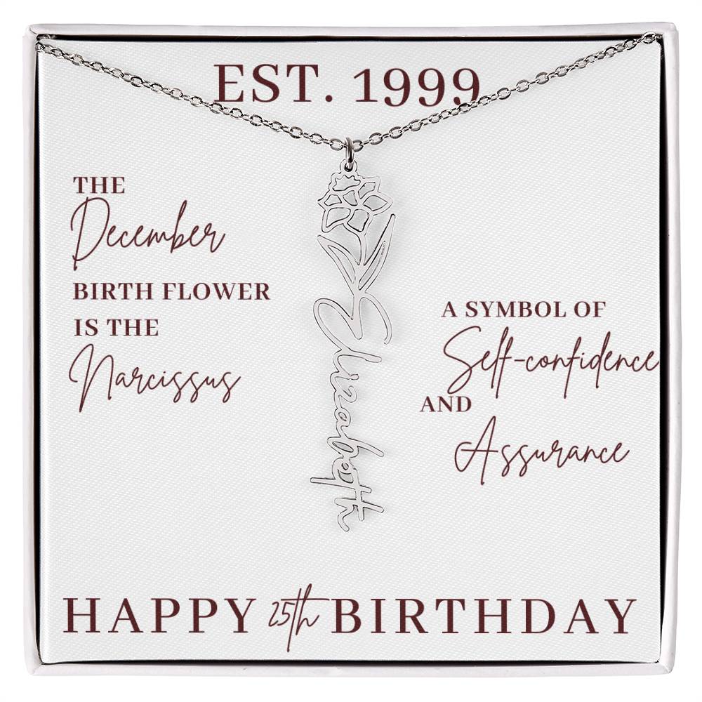 25th Birthday Gift for Her, Birth Flower Necklace with Name, Stainless Steel or 18K Yellow Gold Finish,