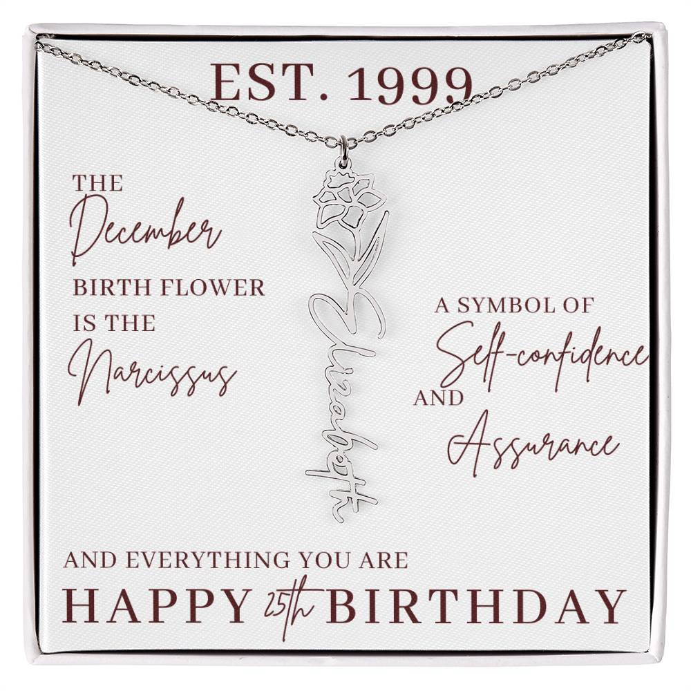 25th Birthday Gift for Her, Birth Flower Necklace with Name, Stainless Steel or 18K Yellow Gold Finish,