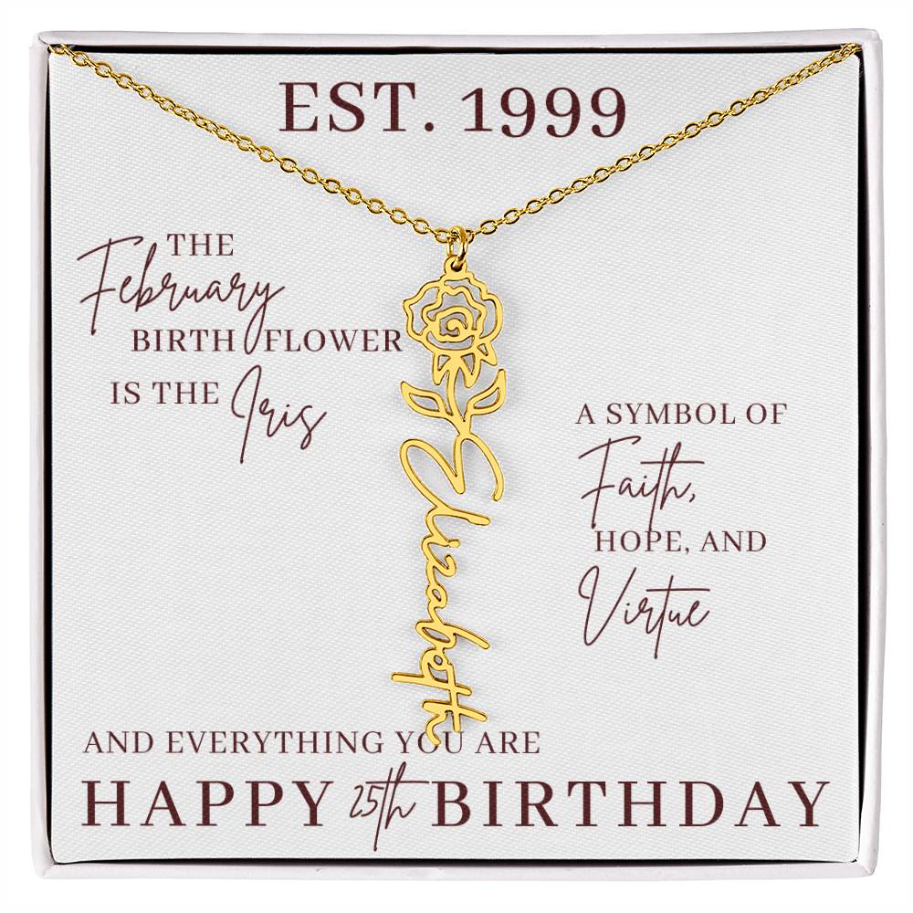 25th Birthday Gift for Her, Birth Flower Necklace with Name, Stainless Steel or 18K Yellow Gold Finish,