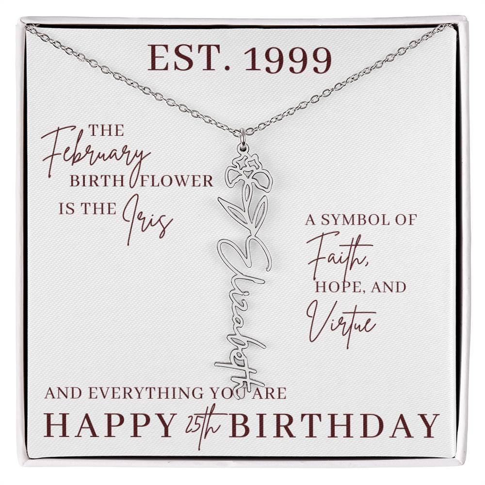 25th Birthday Gift for Her, Birth Flower Necklace with Name, Stainless Steel or 18K Yellow Gold Finish,