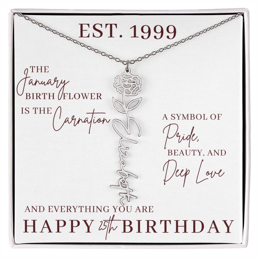 25th Birthday Gift for Her, Birth Flower Necklace with Name, Stainless Steel or 18K Yellow Gold Finish,