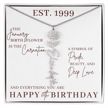 25th Birthday Gift for Her, Birth Flower Necklace with Name, Stainless Steel or 18K Yellow Gold Finish,