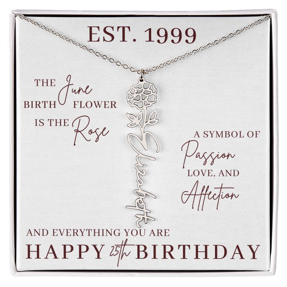 25th Birthday Gift for Her, Birth Flower Necklace with Name, Stainless Steel or 18K Yellow Gold Finish,