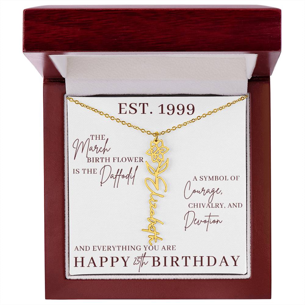 25th Birthday Gift for Her, Birth Flower Necklace with Name, Stainless Steel or 18K Yellow Gold Finish,