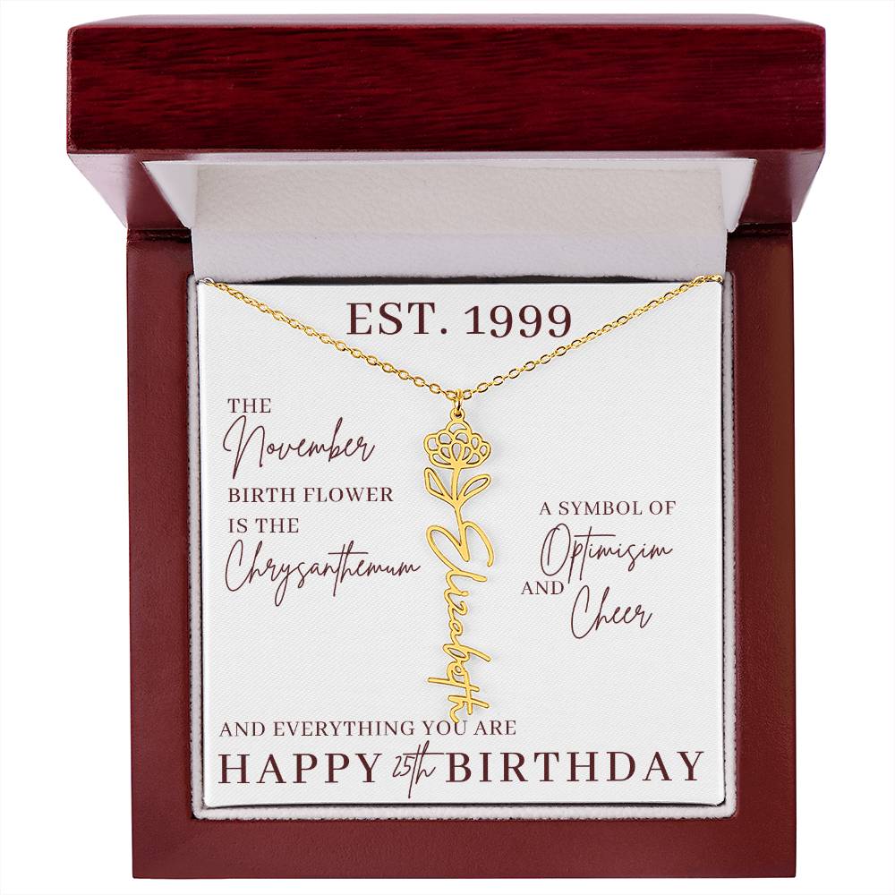 25th Birthday Gift for Her, Birth Flower Necklace with Name, Stainless Steel or 18K Yellow Gold Finish,