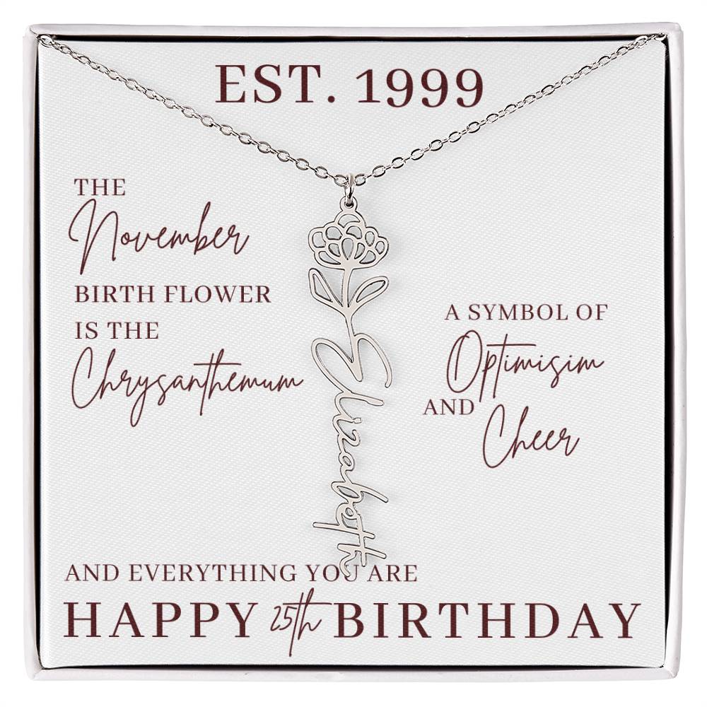 25th Birthday Gift for Her, Birth Flower Necklace with Name, Stainless Steel or 18K Yellow Gold Finish,