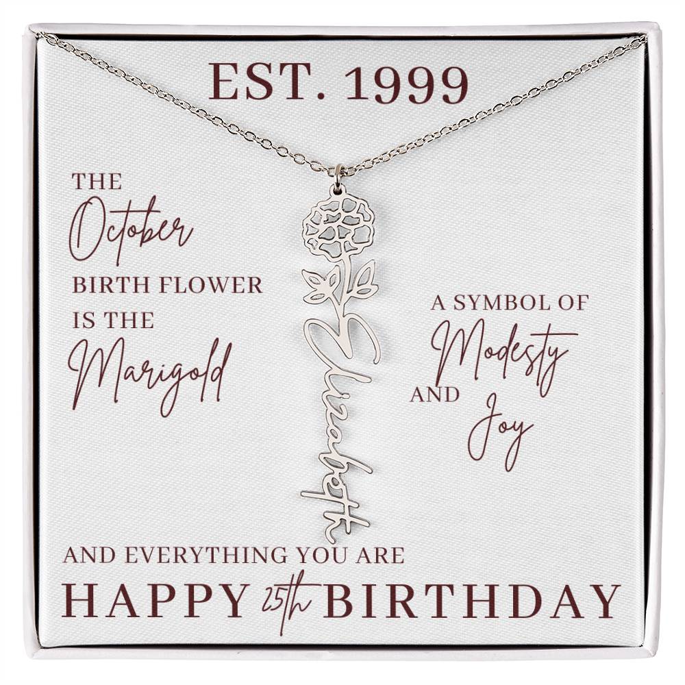 25th Birthday Gift for Her, Birth Flower Necklace with Name, Stainless Steel or 18K Yellow Gold Finish,