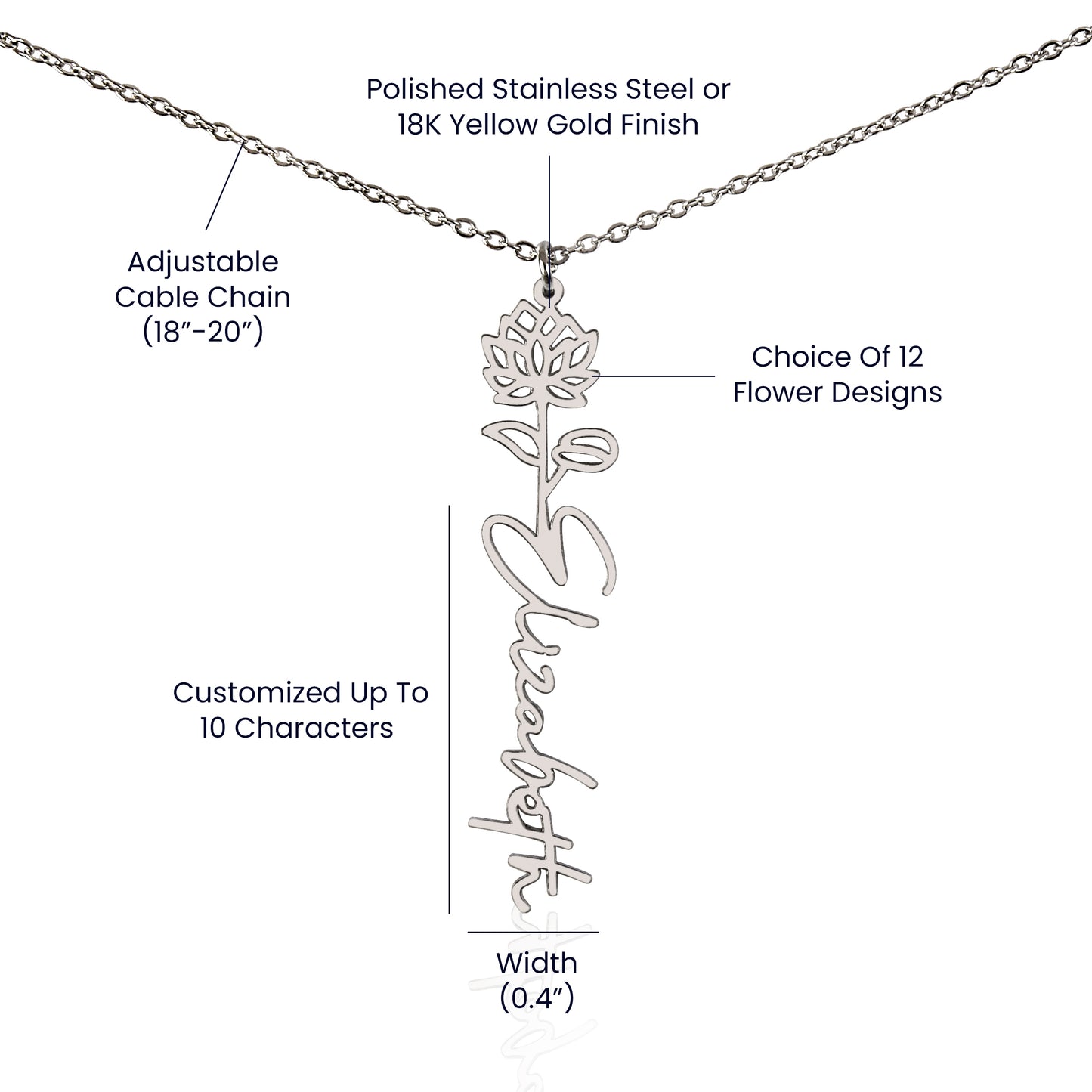 25th Birthday Gift for Her, Birth Flower Necklace with Name, Stainless Steel or 18K Yellow Gold Finish,