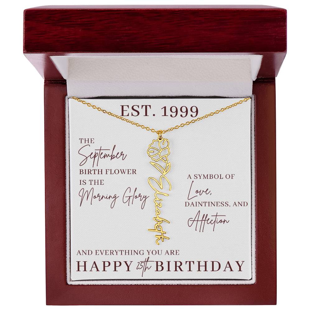 25th Birthday Gift for Her, Birth Flower Necklace with Name, Stainless Steel or 18K Yellow Gold Finish,