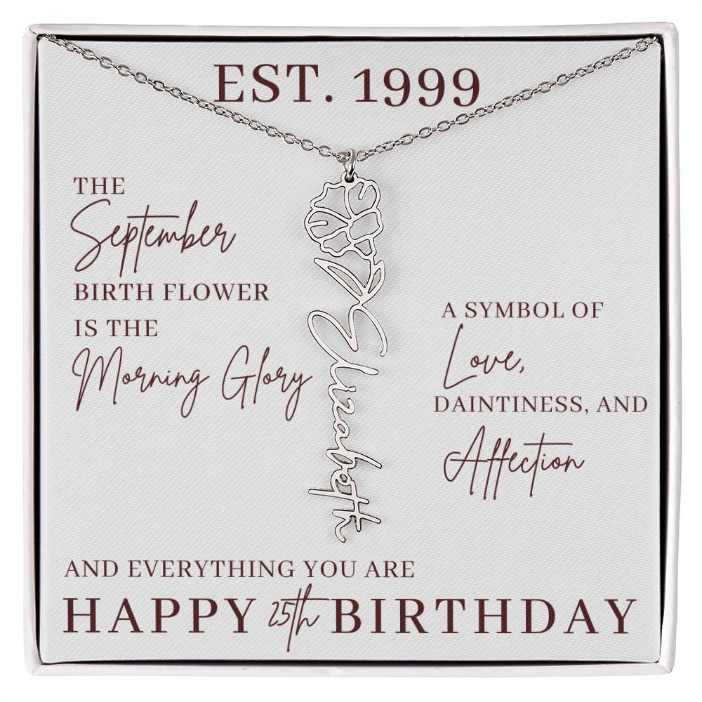 25th Birthday Gift for Her, Birth Flower Necklace with Name, Stainless Steel or 18K Yellow Gold Finish,