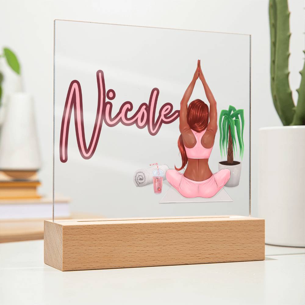 Personalized Yoga Enthusiast's Acrylic Plaque | Custom Name & Serene Clipart | LED Wooden Base Option | Yoga Gift Idea