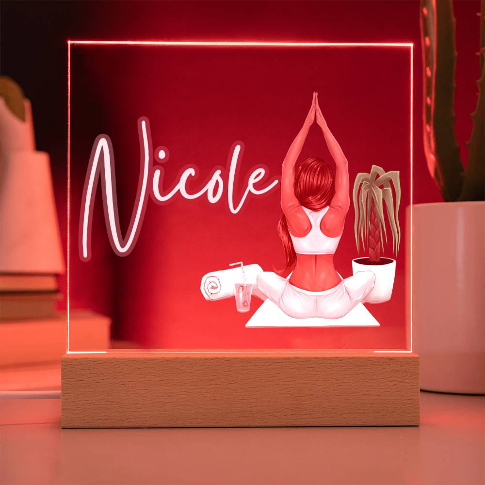 Personalized Yoga Enthusiast's Acrylic Plaque | Custom Name & Serene Clipart | LED Wooden Base Option | Yoga Gift Idea