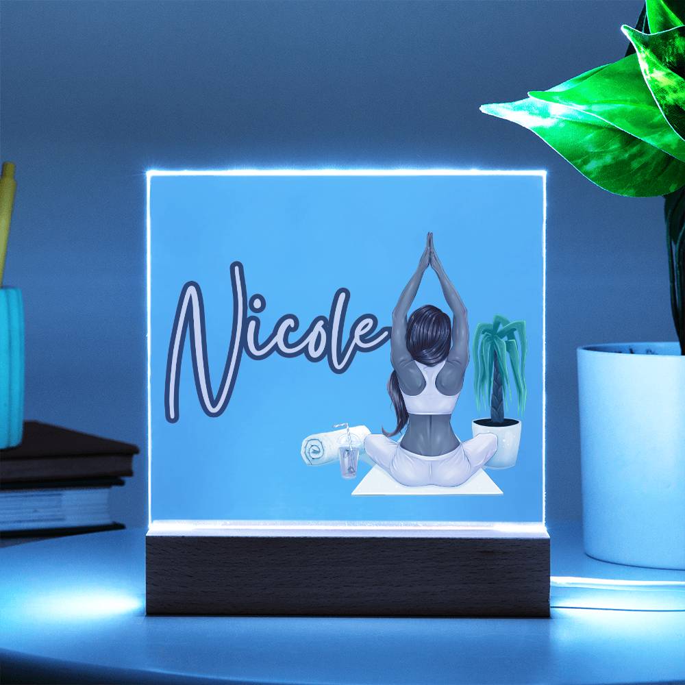 Personalized Yoga Enthusiast's Acrylic Plaque | Custom Name & Serene Clipart | LED Wooden Base Option | Yoga Gift Idea