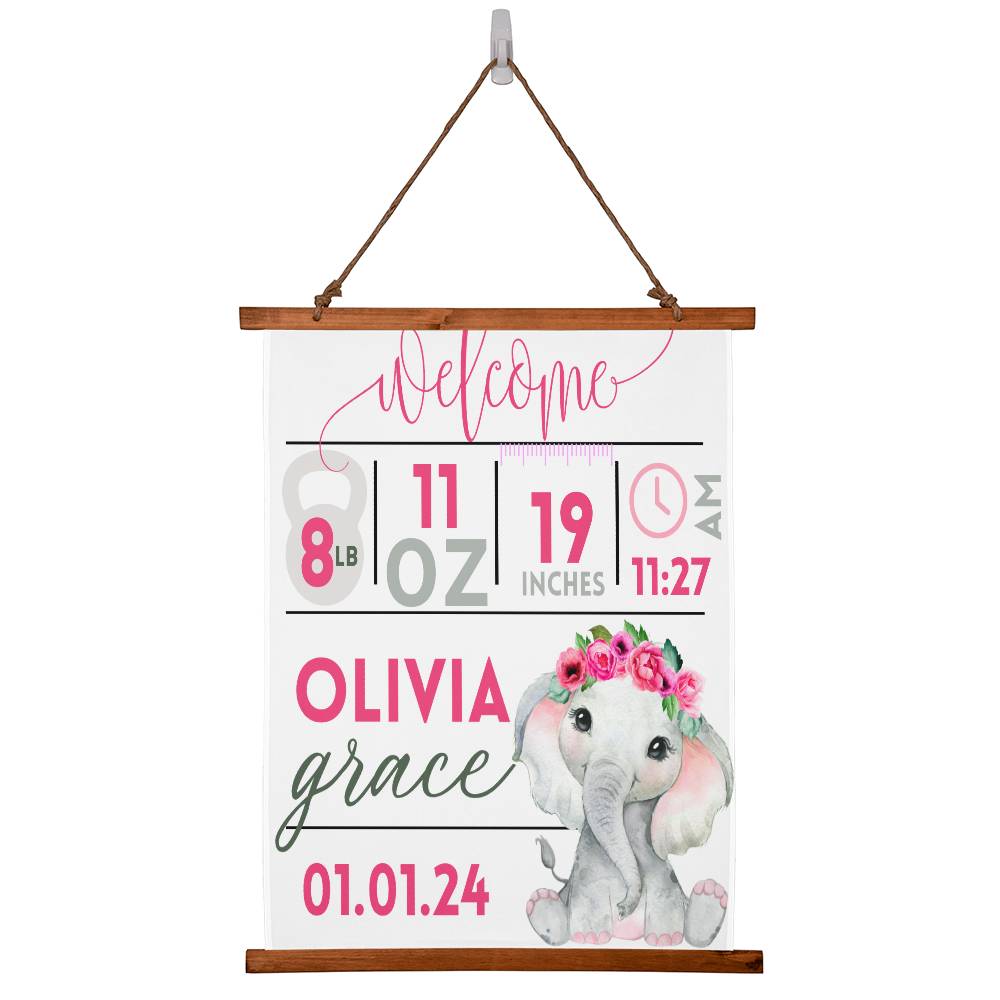 Baby Girl Stats Sign, 36" x 26" Hanging Polyester Fabric, Baby Statistics Sign, Baby Weight and Height