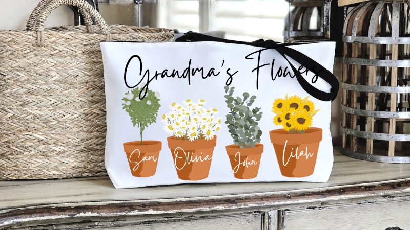 Personalized Tote Bag for Mom, Grandma, or Mimi - Custom Name & Flower Pot Clipart