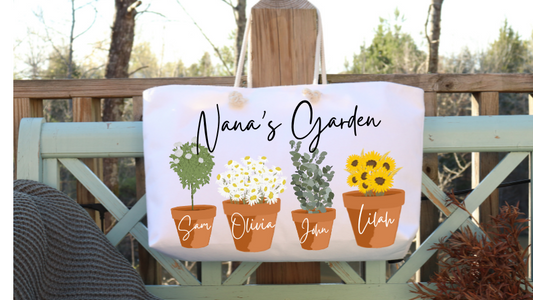 Personalized Tote Bag for Mom, Grandma, or Mimi - Custom Name & Flower Pot Clipart