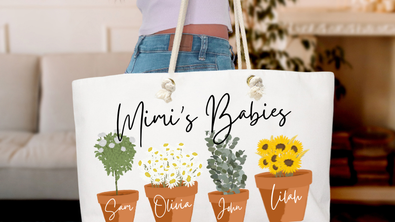 Personalized Tote Bag for Mom, Grandma, or Mimi - Custom Name & Flower Pot Clipart