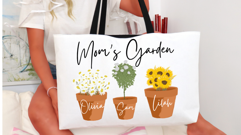 Personalized Tote Bag for Mom, Grandma, or Mimi - Custom Name & Flower Pot Clipart