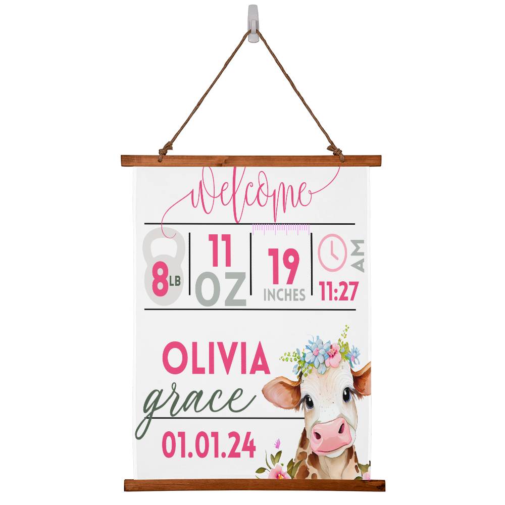 Baby Girl Stats Sign, 36" x 26" Hanging Polyester Fabric, Baby Statistics Sign, Baby Weight and Height