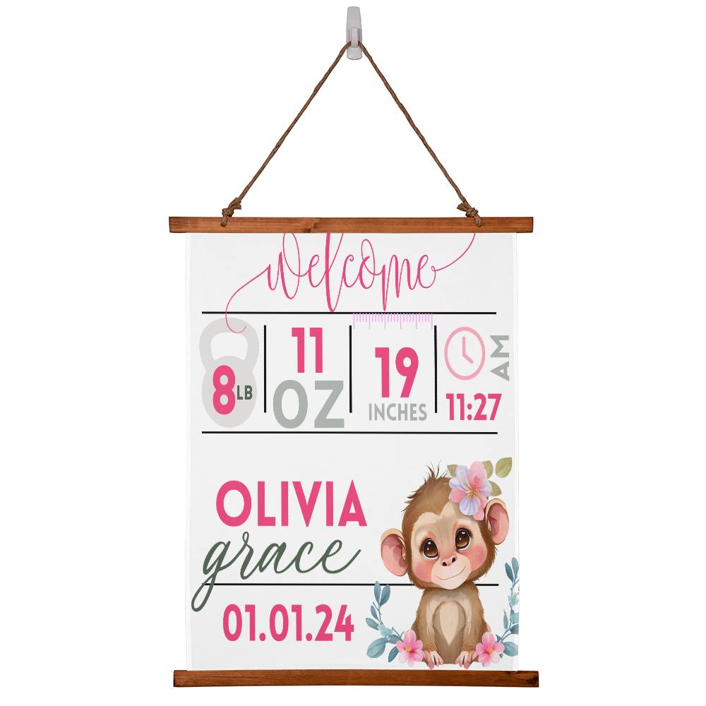 Baby Girl Stats Sign, 36" x 26" Hanging Polyester Fabric, Baby Statistics Sign, Baby Weight and Height