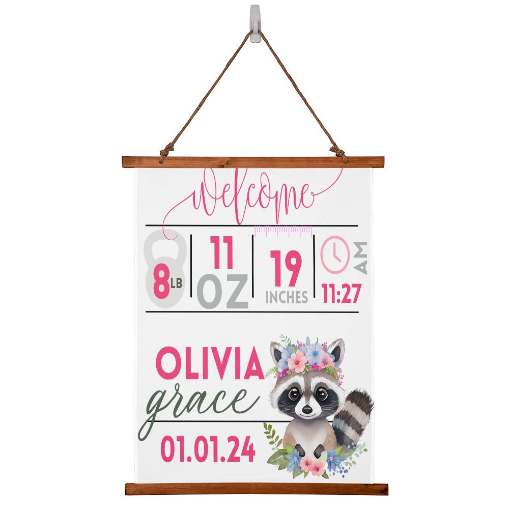 Baby Girl Stats Sign, 36" x 26" Hanging Polyester Fabric, Baby Statistics Sign, Baby Weight and Height