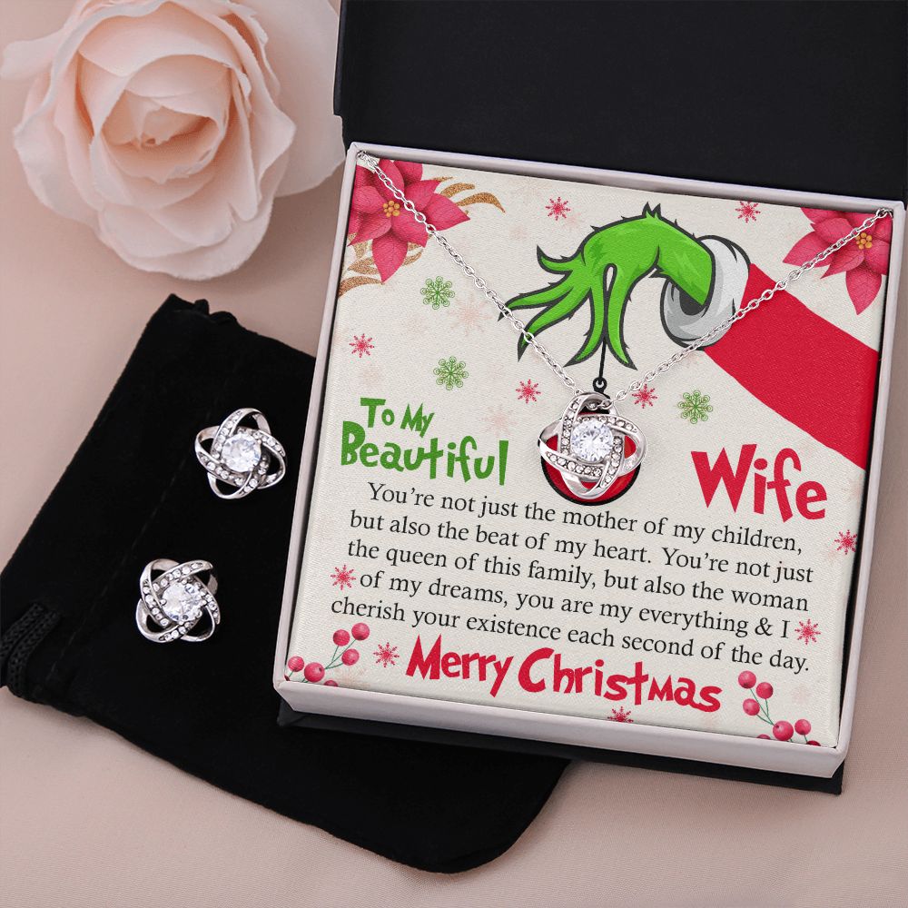 To My Beautiful Wife, Grinch Themed Christmas Necklace and Earrings Set for Wife, Christmas Jewelry Set for Wife