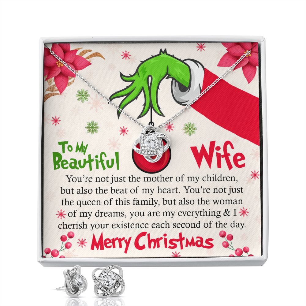 To My Beautiful Wife, Grinch Themed Christmas Necklace and Earrings Set for Wife, Christmas Jewelry Set for Wife