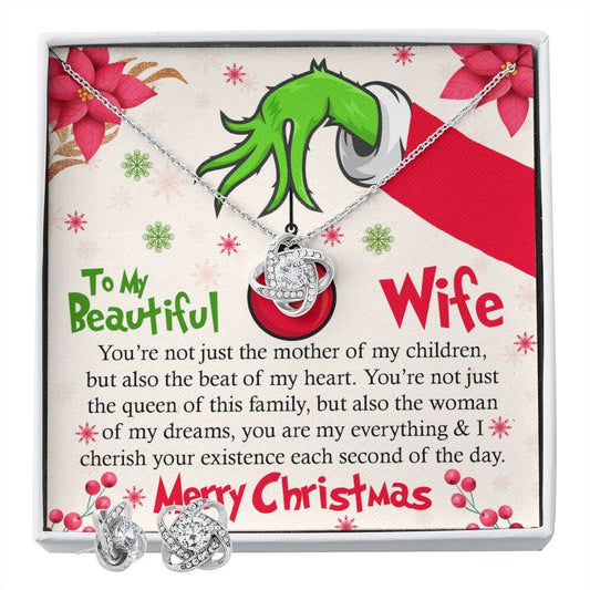 To My Beautiful Wife, Grinch Themed Christmas Necklace and Earrings Set for Wife, Christmas Jewelry Set for Wife